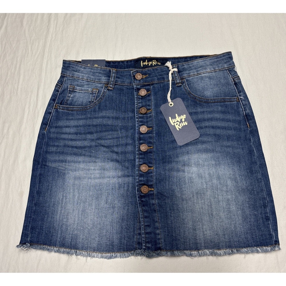 NWT Indigo Rein Juniors' Size 7 / 27 Blue Denim Button-up Distressed Mini Skirt